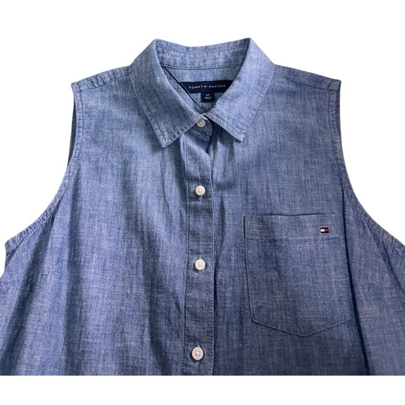 Women's Tommy Hilfiger Chambray Denim Button Front Sleeveless Shirt Sz Small Top - Picture 3 of 7
